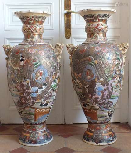 Paire Grands Vases Faience Satsuma