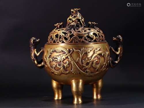 Copper and gold wulong button squid dragon double lion ear a...