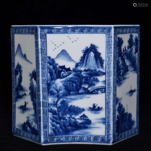 Blue and white landscape character lines six-party brush pot...