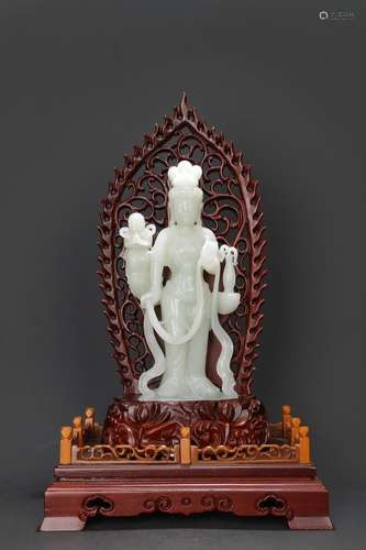 Hetian jade "child worship goddess of mercy" furni...