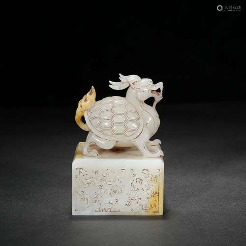 Ancient: hetian jade dragon turtle four sides sealSpecificat...