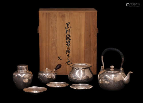 日本纯银茶具一组9点 日本桐箱附 总重量约1866g
