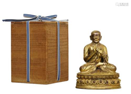 十七世纪 清初 铜鎏金西藏上师像 原封底 日本桐箱附