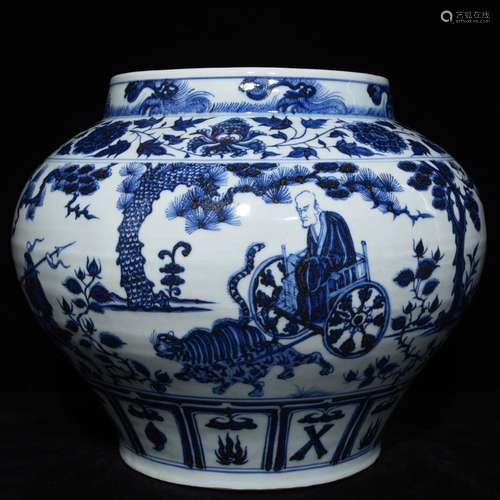 Blue and white figure pot 28.5 x33 guiguzi down the mountain