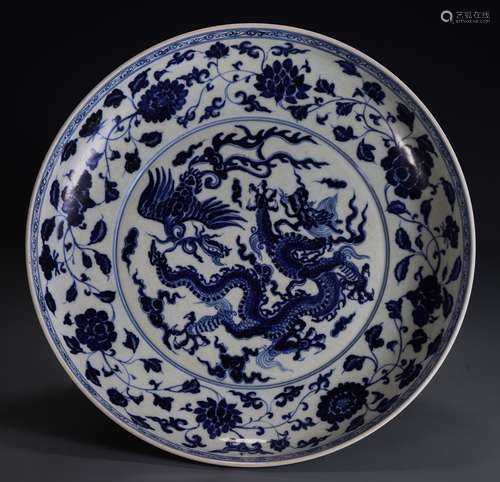 Blue and white dragons and phoenixes, branch flowers grain m...