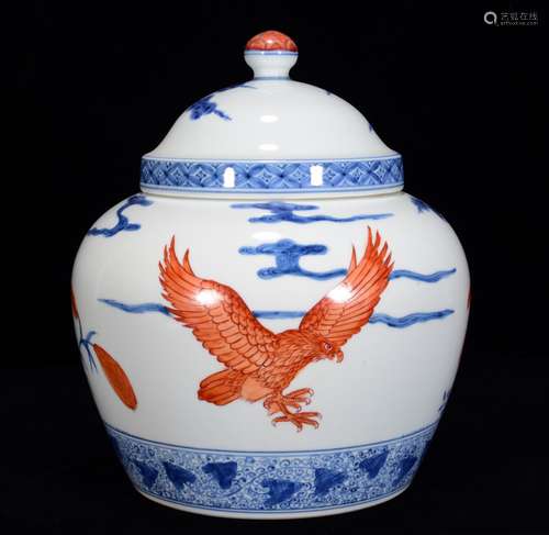 Blue and white alum red eagle cover pot 27 * 23 m