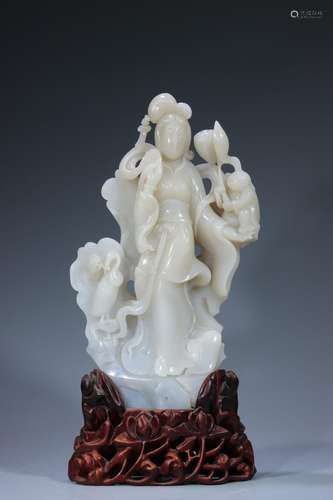 Hotan white jade carving "Zi guanyin furnishing article...