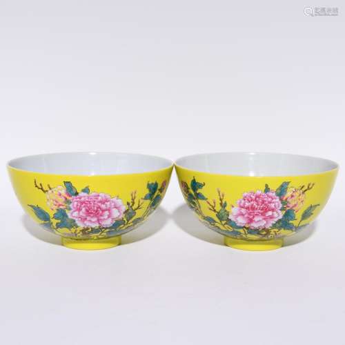Yellow colored enamel flowers green-splashed bowls, high cal...
