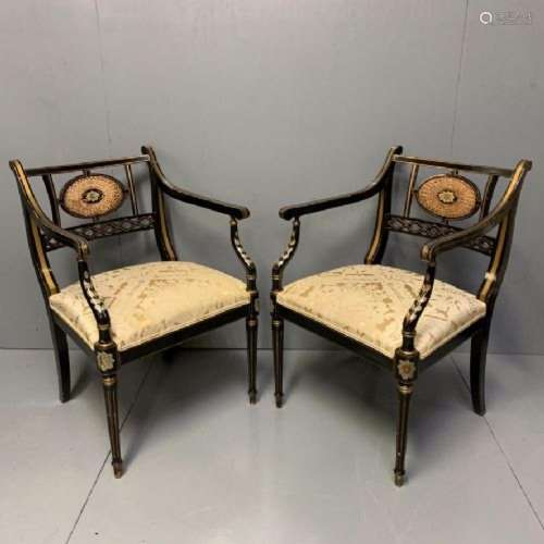 Pair Of Black Lacquered And Decorated Elbow Chairs
