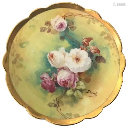 Limoges Plate with Roses Artist Signed Duval