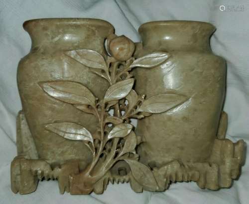 Vintage Chinese SMALL Soapstone Sculpture Double Vase Leaves...