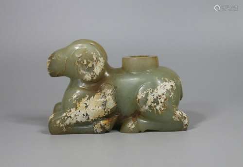 Chinese old Han Dy. green jade carved dragon beast figure st...