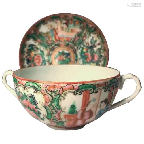 19th Century Rose Medallion Bouillon Soup Bowls With Saucers...