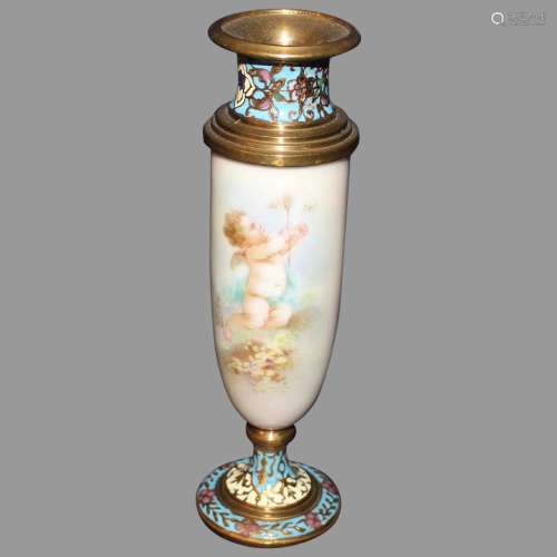 Sevres Vase Putti Chasing Butterfly Bronze and Champleve