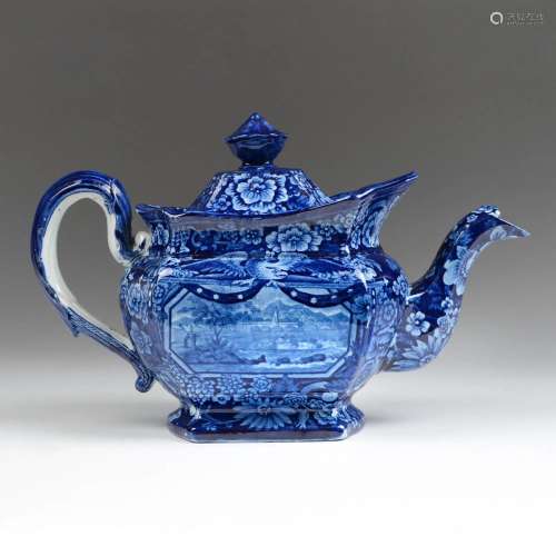 Historical Staffordshire Blue Teapot, Eagle Over Panel