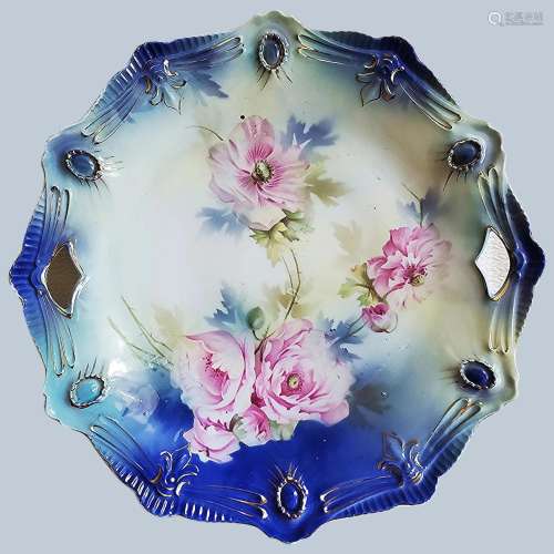 Spectacular RS Prussia 1900 "Pink Roses" Cobalt Bl...