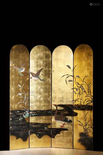 , wood gold phuong four pages screen painting of flowers and...