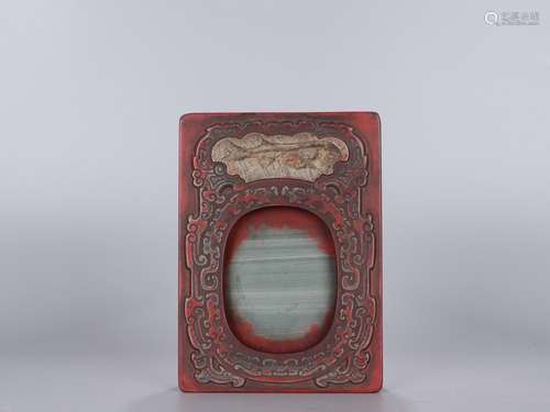 , "HuaYuan", marble inlay cover inkstone fish foss...