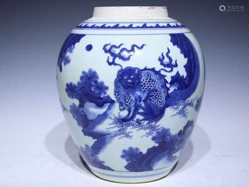 Chung chi zhen blue and white painting kirin jar - belly siz...