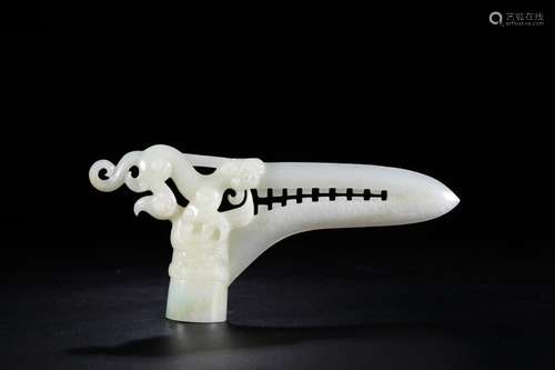 Hetian jade anaglyph longnu button blade shape cane headSpec...