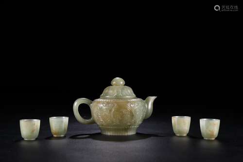 Hetian jade belt ooze auspicious tea set a pot of four cupsS...