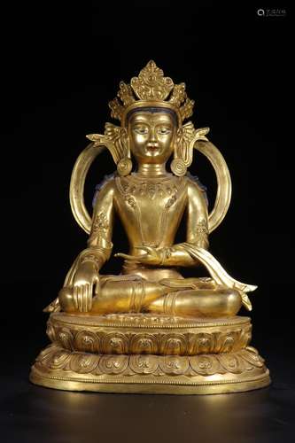 Copper and gold coronet bodhisattva statue furnishing articl...