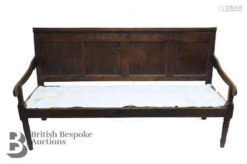 18th century settle, with four panel backrest, swept arms ov