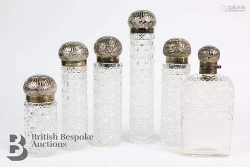 Six hobnail cut glass and silver vanity jars, London hallmar