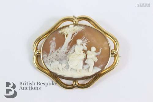 Antique shell cameo pendant brooch, depicting a harvest scen