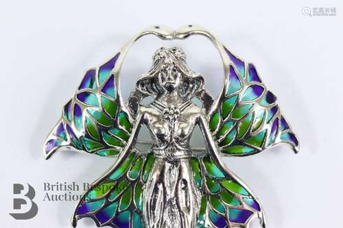 Silver plique a jour brooch, modelled as flower fairy, appro