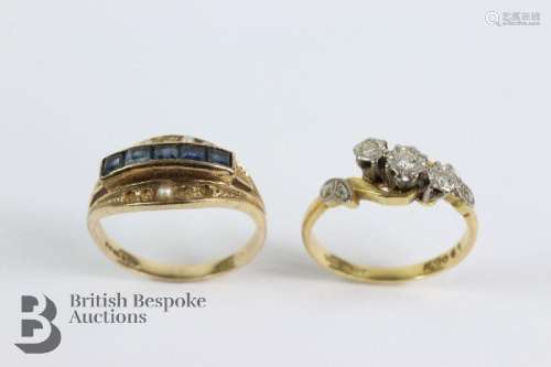 18ct yellow gold three stone diamond ring, 7 pts of dias, si