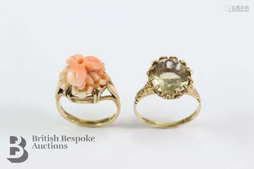 Two 9ct gold rings. The first is a 9ct gold and coral ring,
