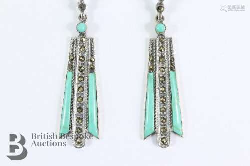 Pair of silver and marcasite earrings, set with turquoise pa