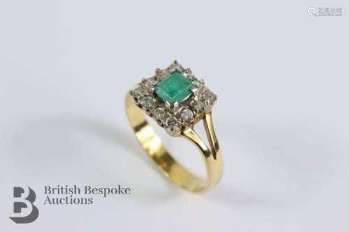 18ct yellow gold emerald and diamond ring. The square-cut em