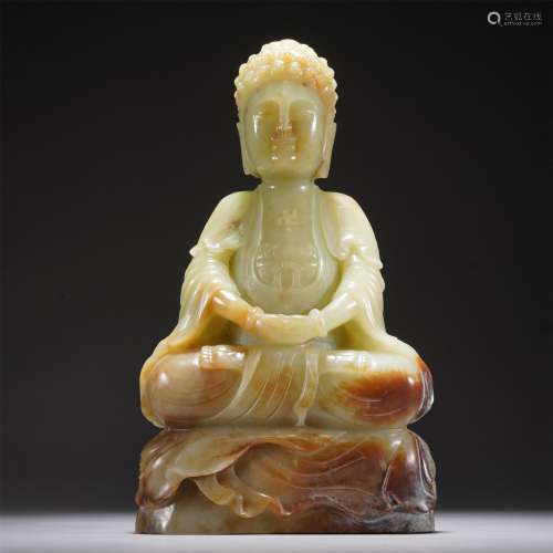 A YELLOW JADE FIGURE OF BUDDHA SEATED STATUE,QING