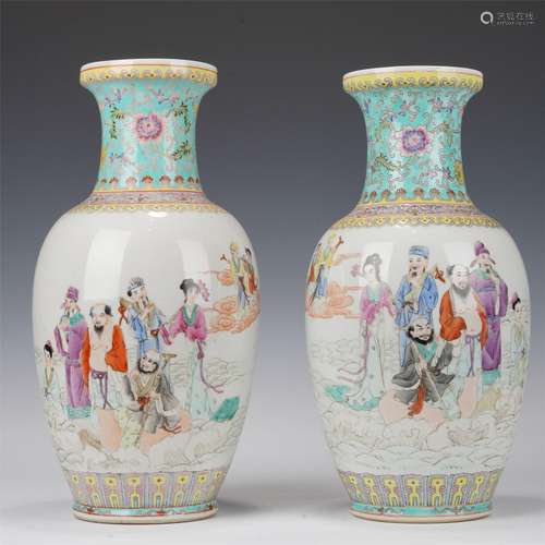 PAIR CHINESE FAMILLE ROSE EIGHT IMMORTALS VASES