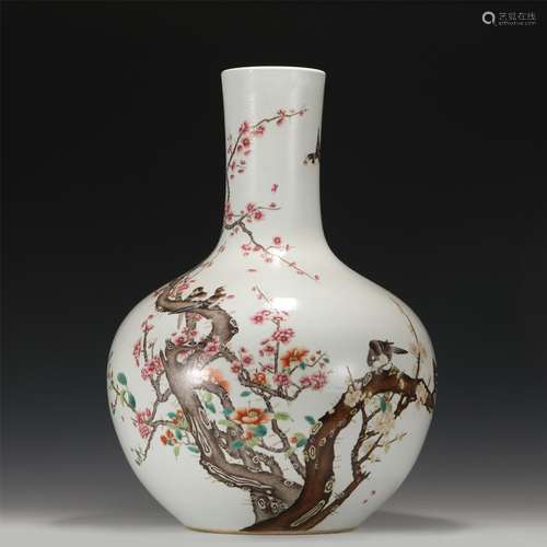 A CHINESE FAMILLE ROSE MAGPIE ASCENDS PLUM PORCELAIN VASE