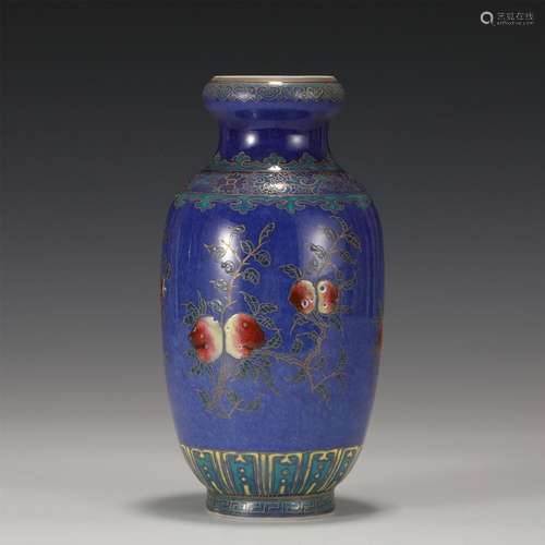 A CHINESE BLUE GLAZE GOLD PAINTED PEACHES PORCELAIN VASE