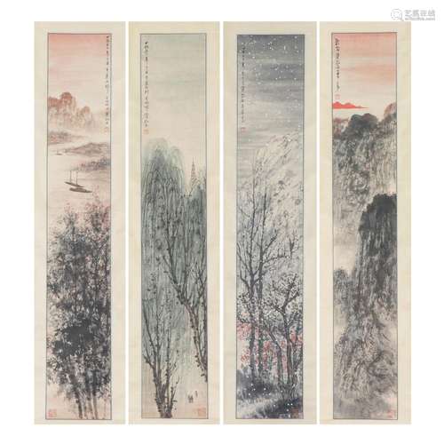 FOUR PANELS PAINTING OF MOUNTAINS AND RIVER LANDSCAPE,SIGNED...