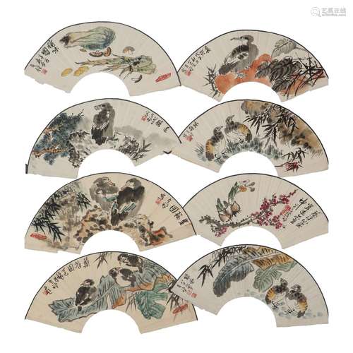 EIGHT FAN SHAPED PAINTING OF BIRDS,SIGNED LI KUCHAN