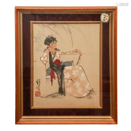 A PAINTING OF BEAUTIFUL GIRL WITH FRAME,SIGNED LIU JIYOU