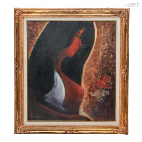 A PAINTING OF BEAUTIFUL GIRL WITH FRAME,SIGNED LIN FENGMIAN