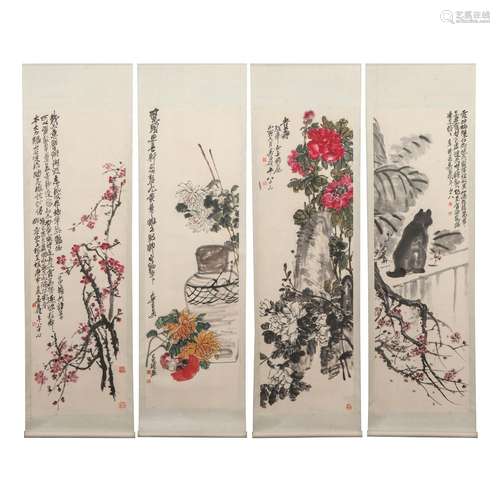 FOUR PANELS PAINTING OF FLOWERS ,SIGNED WU CHANGSHUO