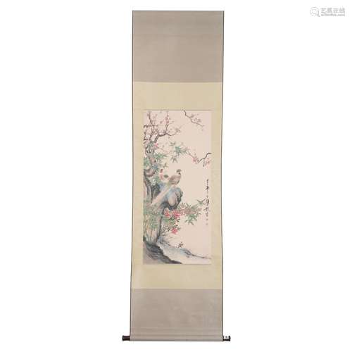 A SCROLL PAINTING OF BIRD AND FLOWERS,SIGNED YAN BOLONG