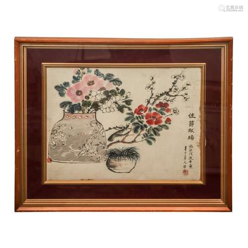 A PAINTING OF FLOWERS WITH FRAME,SIGNED CHEN BANDING