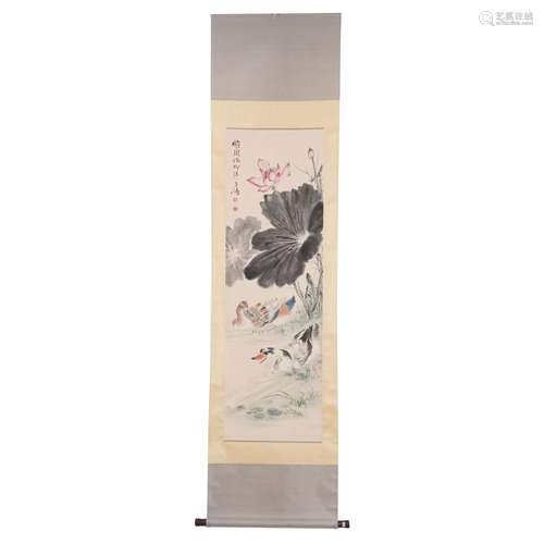 A SCROLL PAINTING OF LOTUS AND BIRDS,SIGNED WANG XUETAO