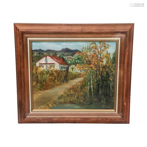 A PAINTING OF HOUSE AND TREES WITH FRAME,SIGNED HUANG PU