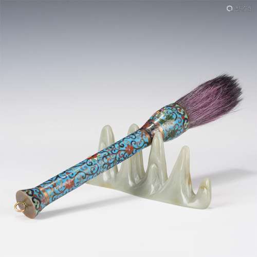 A CLOISONNE ENAMEL WRITING BRUSH AND JADE REST