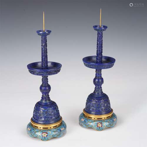 PAIR CHINESE CARVED LAPIS CANDLESTICKS