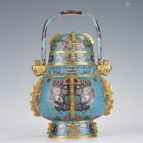 A CLOISONNE ENAMEL BEAST PATTERN POT WITH LONG HANDLE,QING